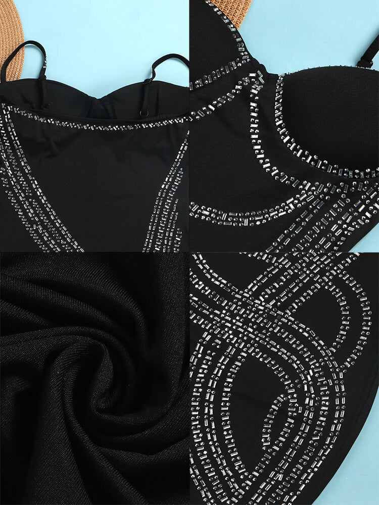 Spaghetti Strap Rhinestone Patchwork Mini Dress