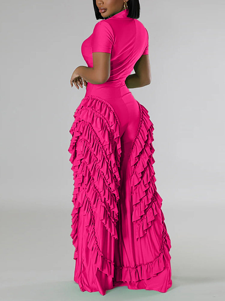 Two Pieces Short Sleeve Ruffle Trim Jumpsuit