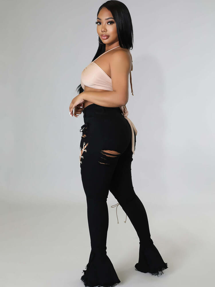 Denim Criss Cross Ripped Bodycon Flare Jeans