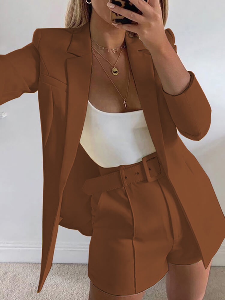 Two Piece Office Long Sleeve Solid Shorts Sets