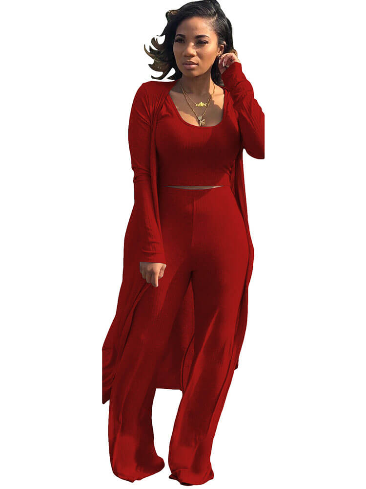 Three Pieces Set Crop Top Long Kimono Cardigan Pants