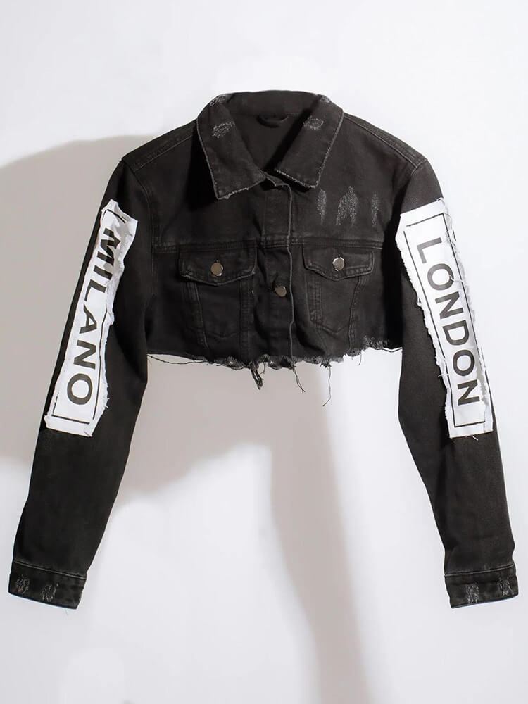 Denim Long Sleeve Letter Print Short Jacket