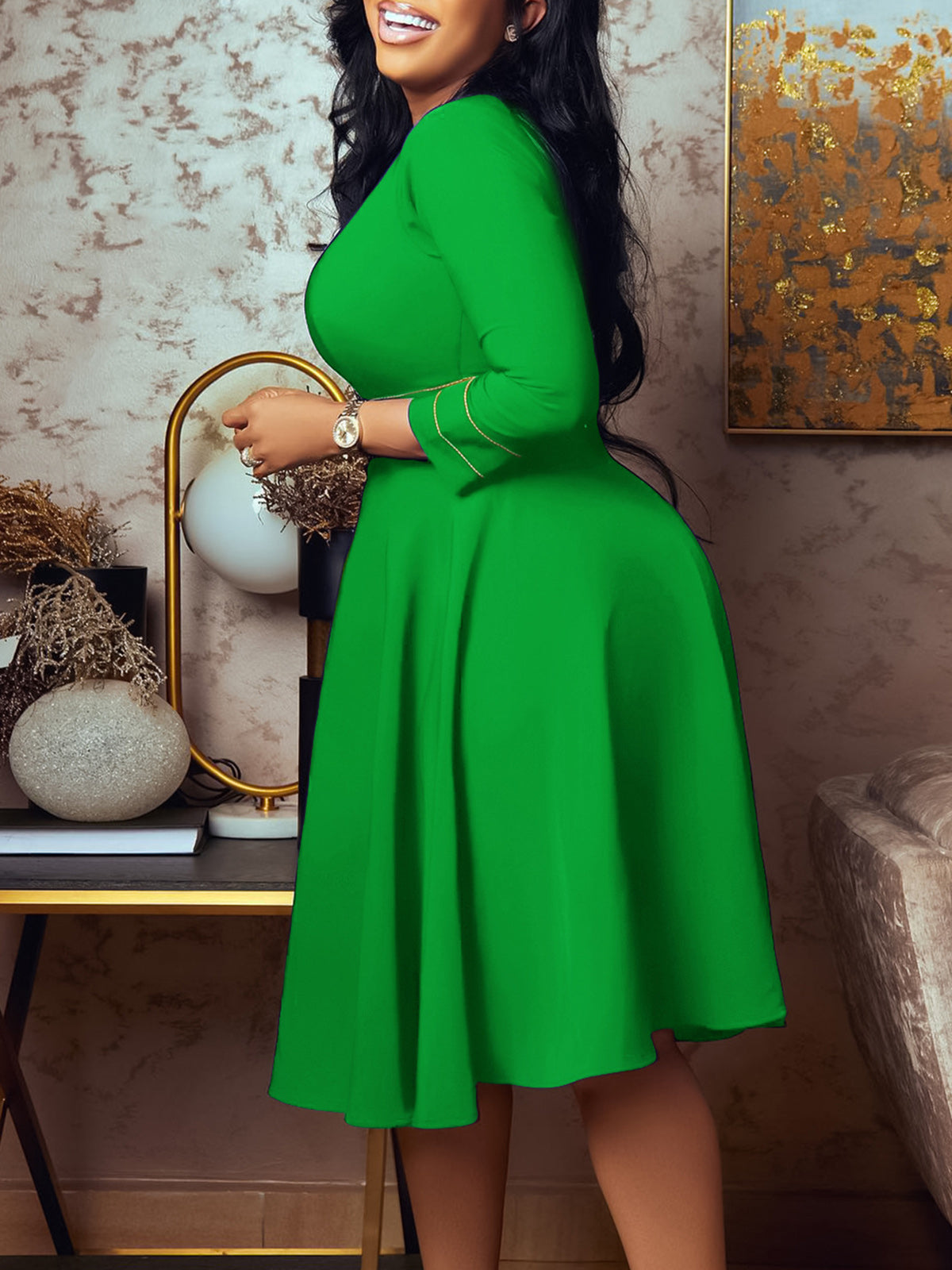 Plus Size Short Sleeve Stand Collar Party Swing Dress