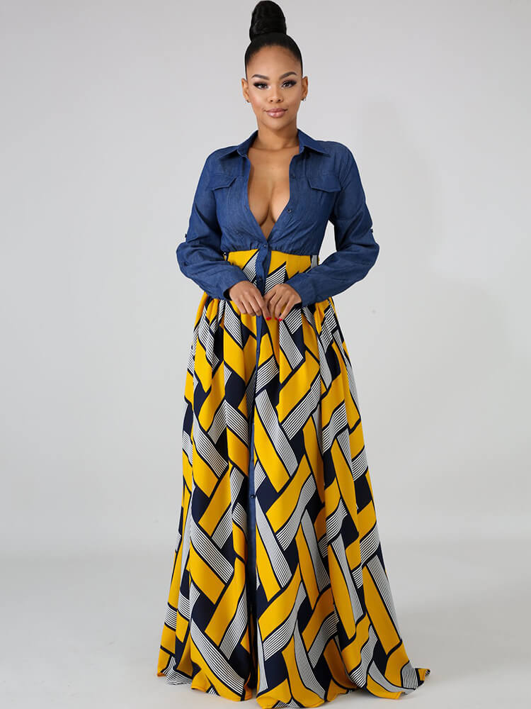 Denim Long Sleeve Plaid Patchwork Maxi Dress