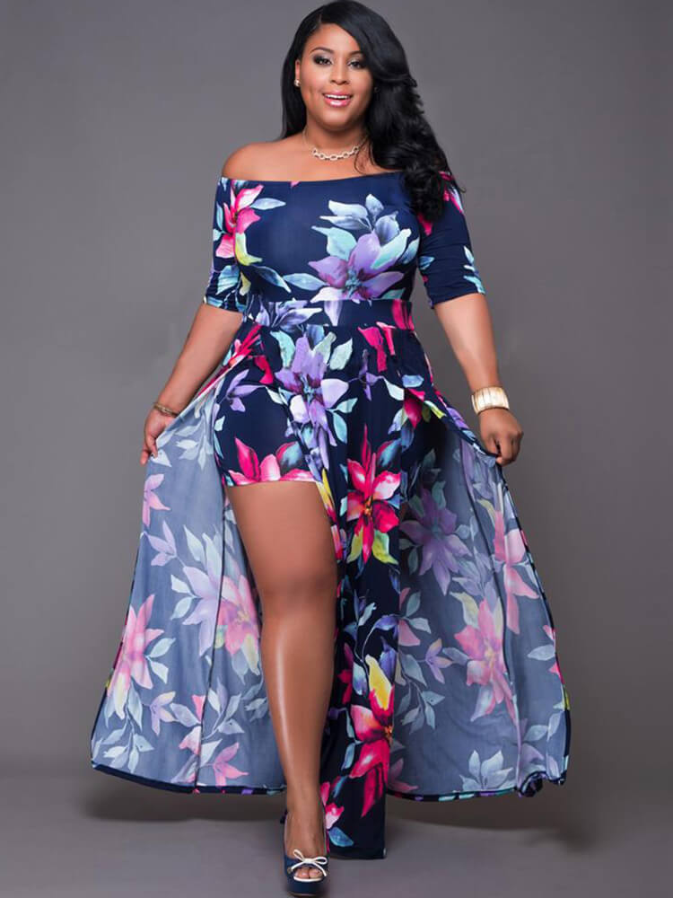 Off Shoulder Floral Print Romper High Split Maxi Dress