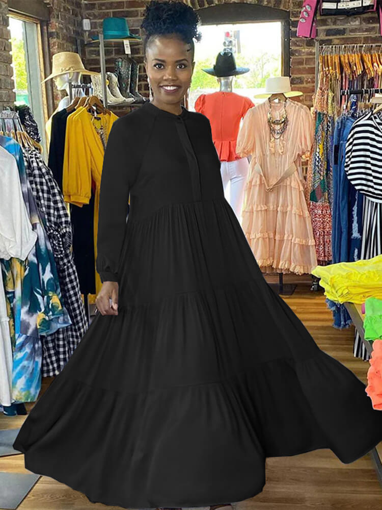 Long Sleeve Solid Ruffle Swing Maxi Dress