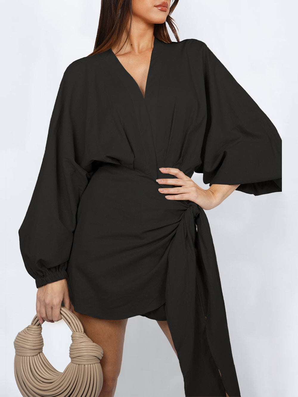 Belted Lantern Sleeve Mini Dress