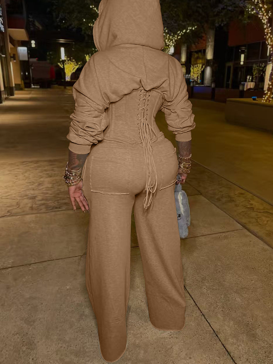 Zip-Up Hoodie Corset Waist Pants Set