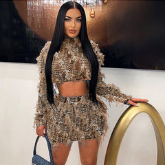 Two Piece Tassel Crop Top Mini Skirt