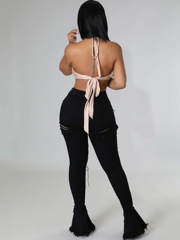 Denim Criss Cross Ripped Bodycon Flare Jeans