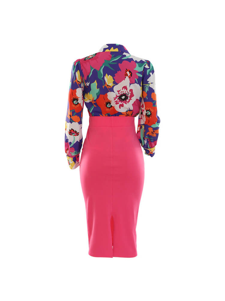 Two Piece Floral Print Shirt Midi Skirts