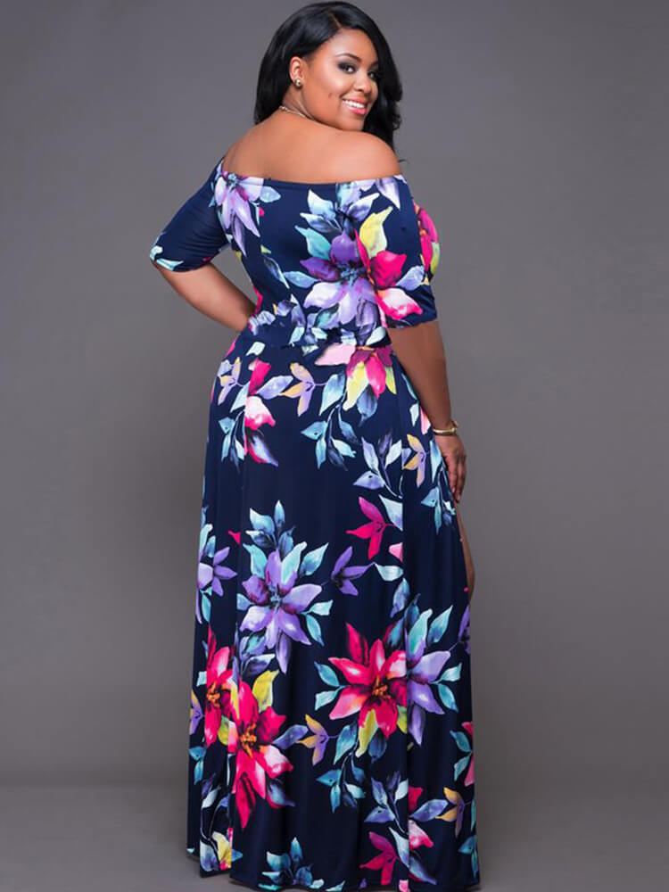 Off Shoulder Floral Print Romper High Split Maxi Dress