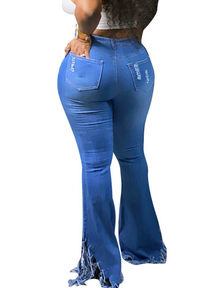 Distressed Zipper Fringe Washed Jeans