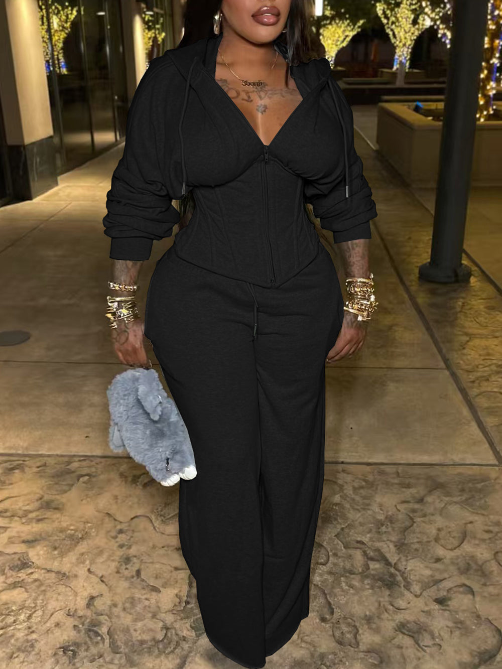 Zip-Up Hoodie Corset Waist Pants Set