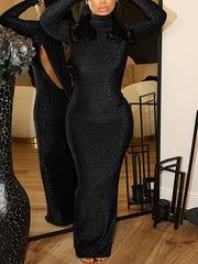 Long Sleeve Shimmer Glitter Backless Maxi Dress
