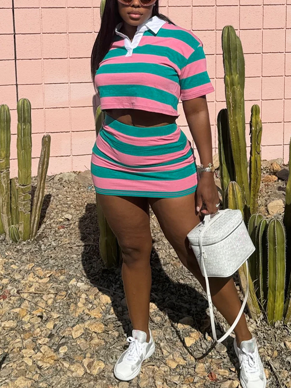 Striped Contrast Crop Top Skirt Set