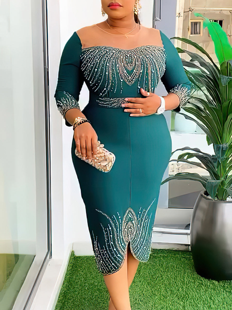 Mid-Sleeve Beaded & Rhinestone Party Dress