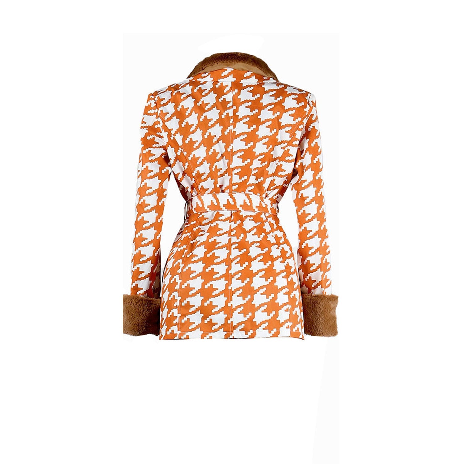 Houndstooth Long Sleeve Patchwork Woolen Coat