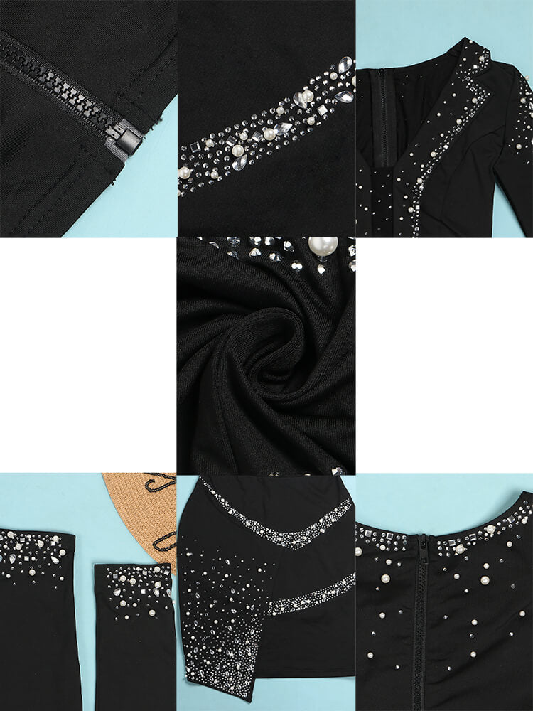 Two Piece Mesh Rhinestone Patchwork Top Skirts