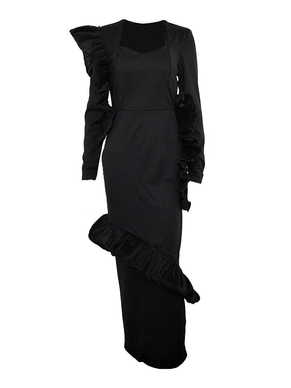 Long Sleeve Ruffle Hem Back Cut-Out Dress