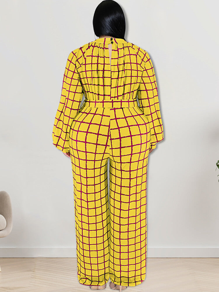 Long Sleeve Plaid Print Wide Leg Jumpsuit