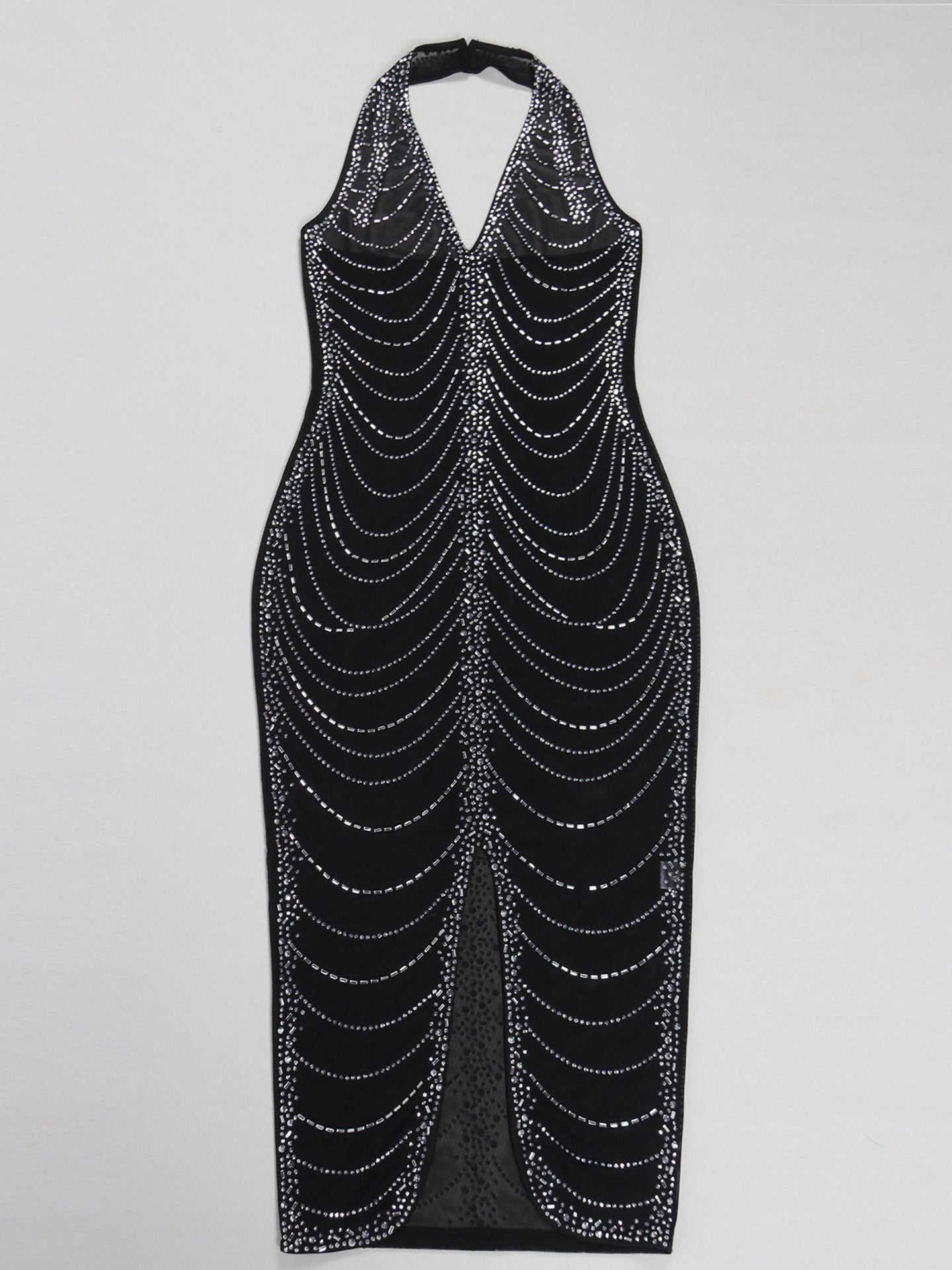Rhinestone Halter Neck Mesh Dress