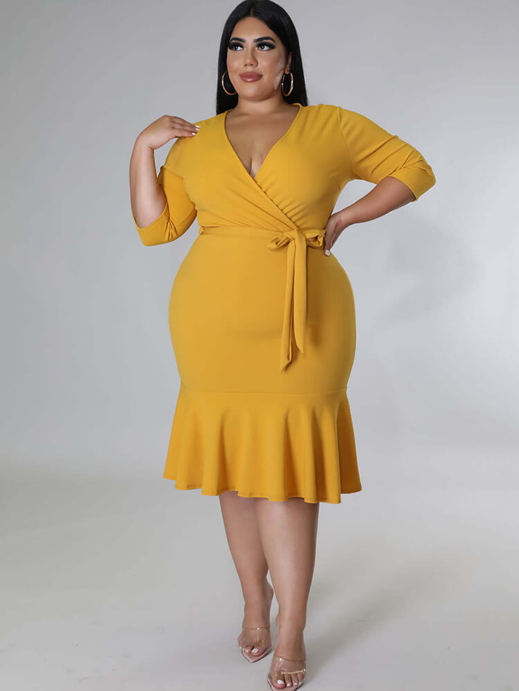 Half Sleeve Lace Up Ruffle Bodycon Midi Dress