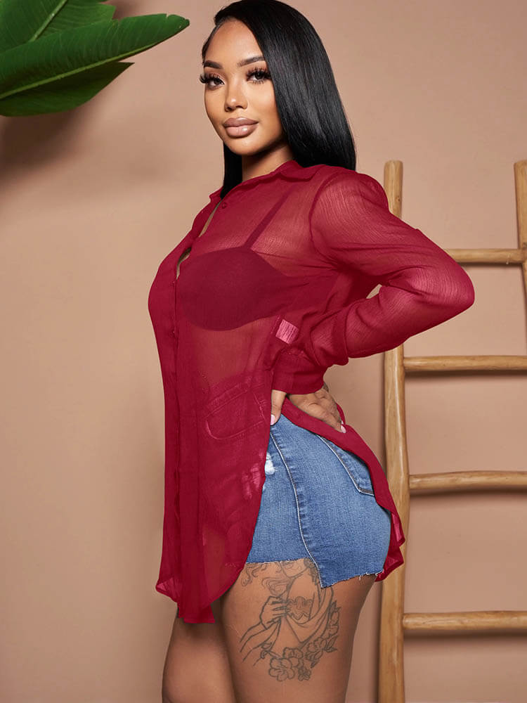 Solid Color Button Down Chiffon Shirts