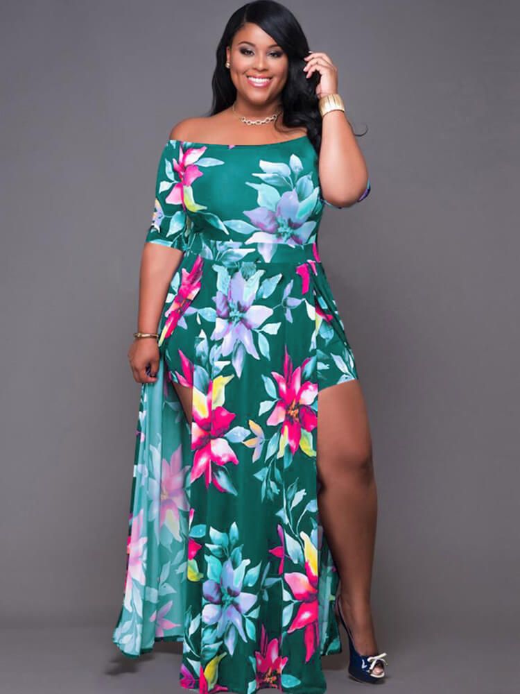 Off Shoulder Floral Print Romper High Split Maxi Dress
