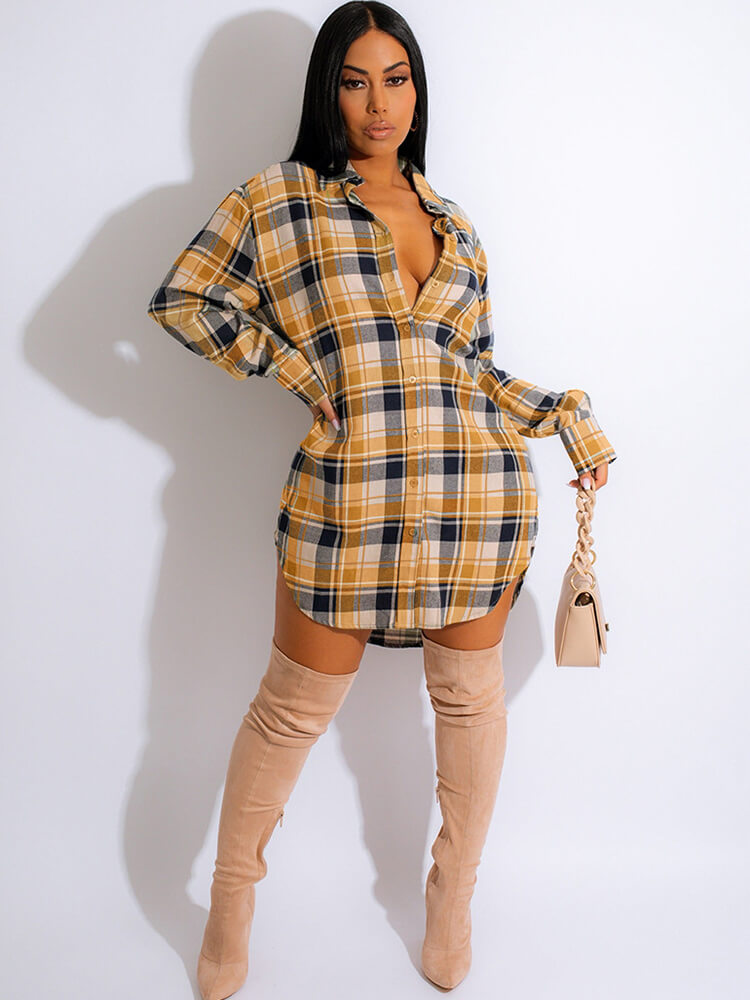Long Sleeve Plaid Print Mini Dress Blouse