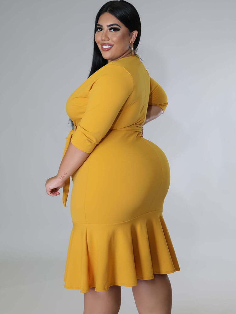 Half Sleeve Lace Up Ruffle Bodycon Midi Dress