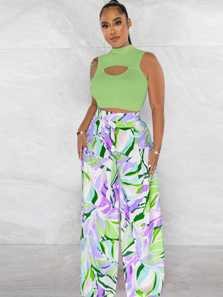 Two Piece Crop Top Floral Print Long Pants