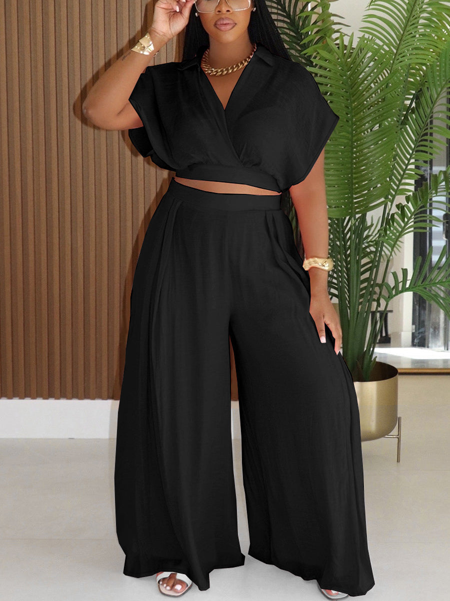 Solid Color Top Wide-Leg Pants Set
