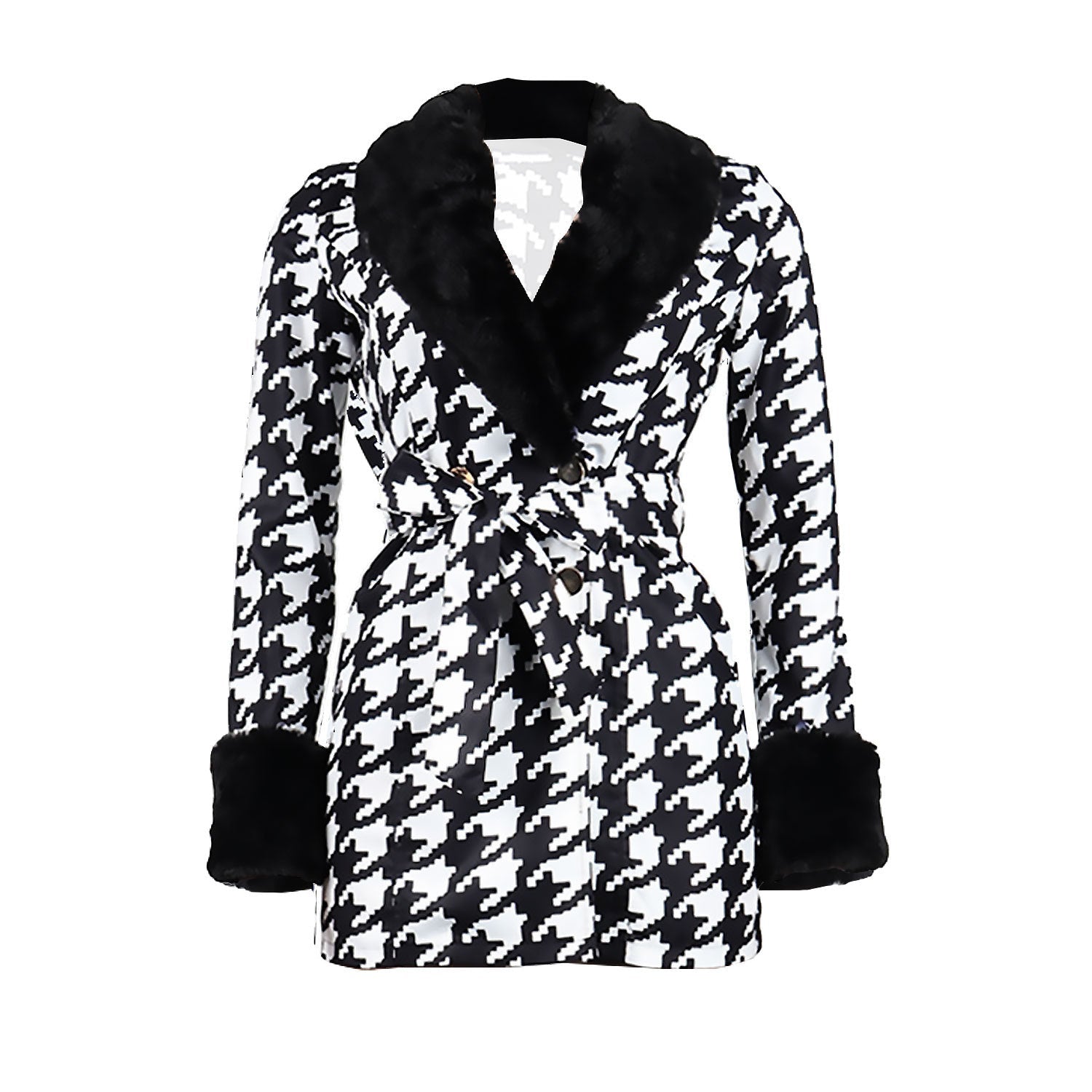 Houndstooth Long Sleeve Patchwork Woolen Coat