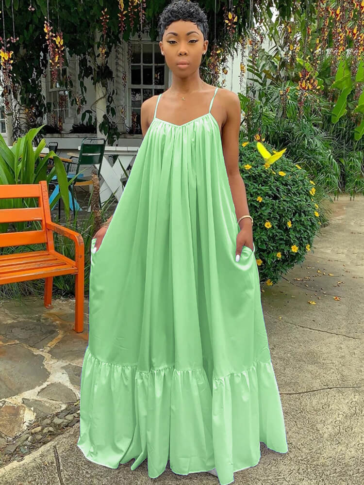 Plus Size Spaghetti Strap Ruffle Beach Maxi Swing Dress