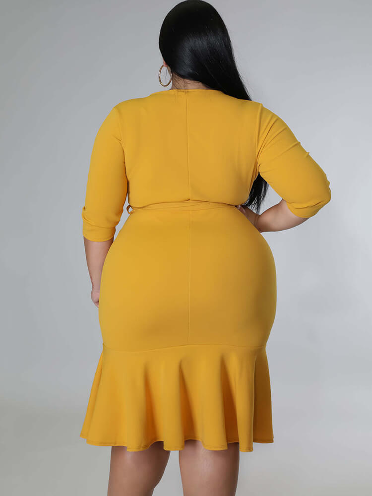 Half Sleeve Lace Up Ruffle Bodycon Midi Dress