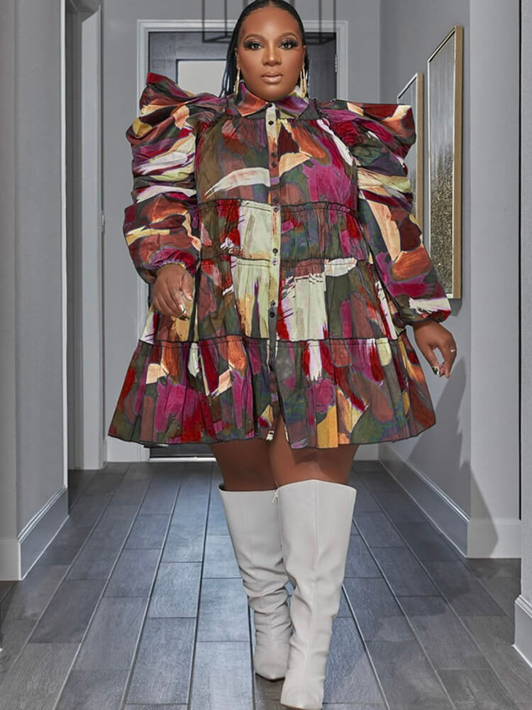 Long Sleeve Tie Dye Ruffle Mini Dress