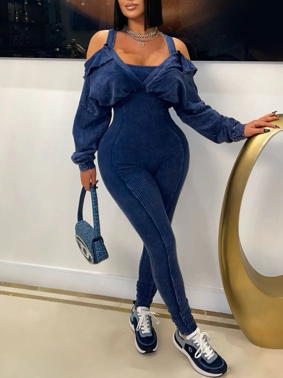 Off Shoulder Long Sleeve Ribbed Jumpsuit
