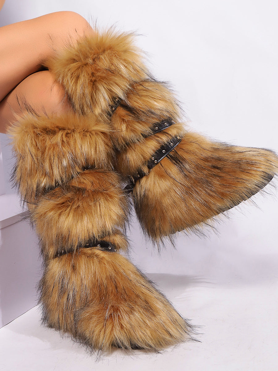 Y2K Faux Fur Cross Strap Buckle Boots