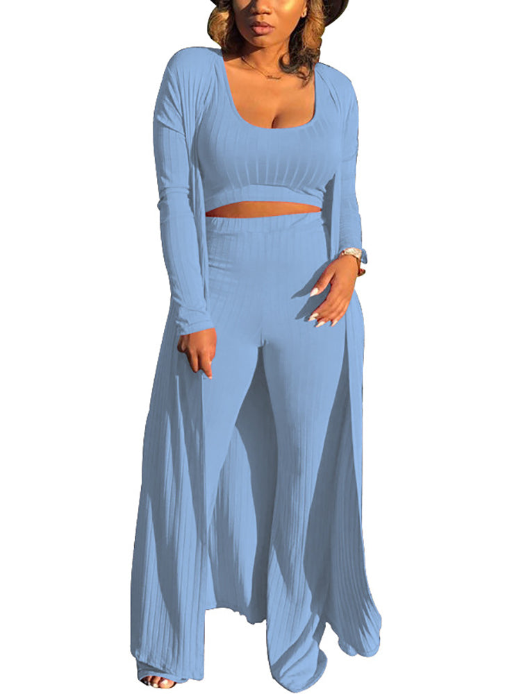 Three Pieces Set Crop Top Long Kimono Cardigan Pants