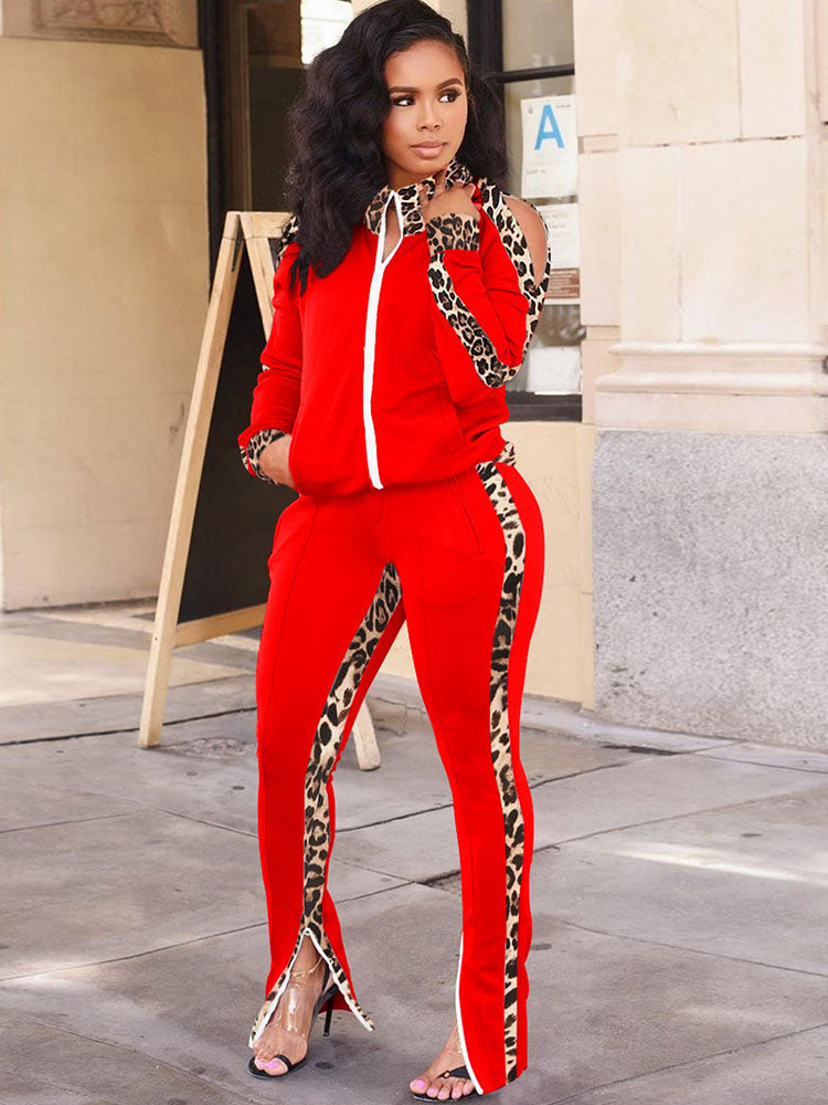 Two Piece Leopard Print Patchwork Pant Suit