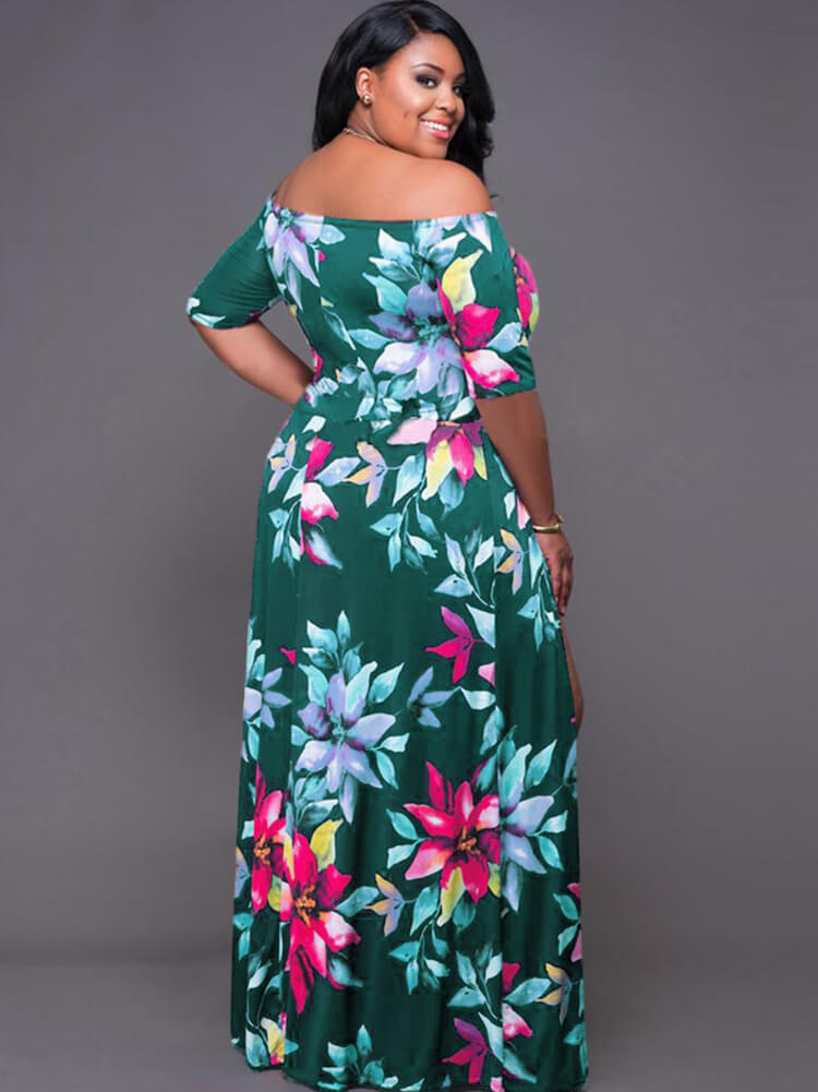 Off Shoulder Floral Print Romper High Split Maxi Dress