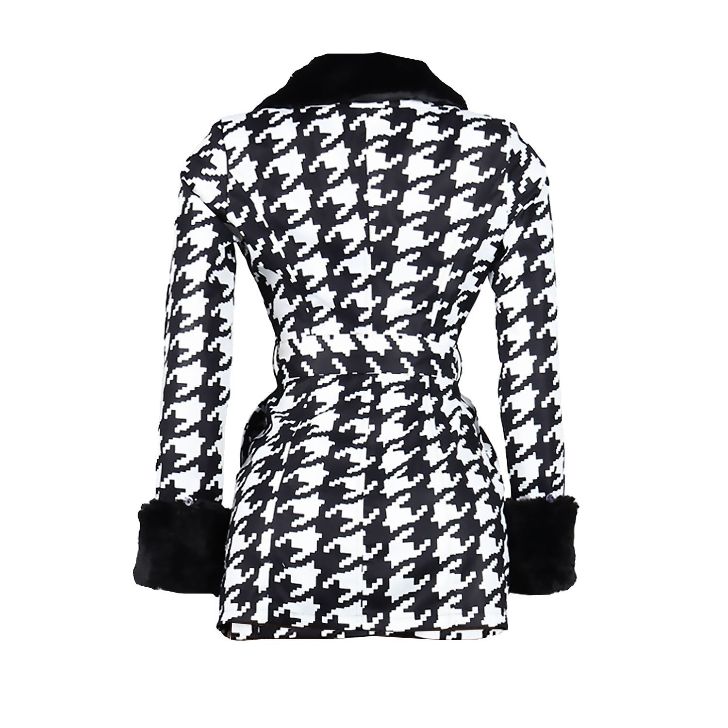 Houndstooth Long Sleeve Patchwork Woolen Coat