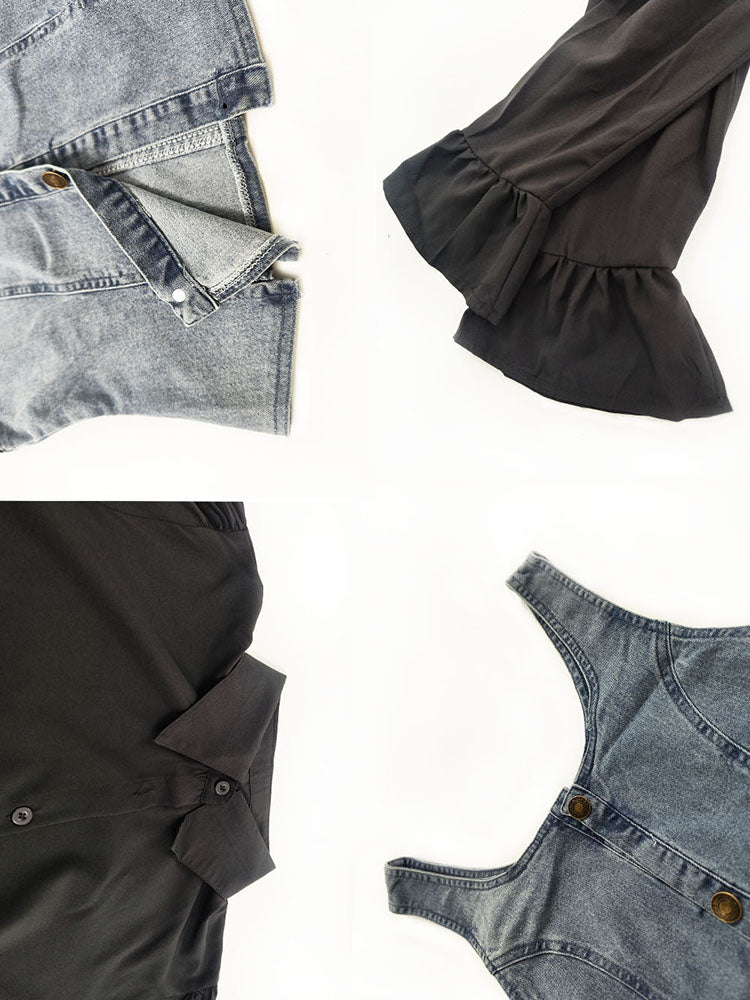 Denim Vest Flared Sleeve Mini Shirt Dress Set