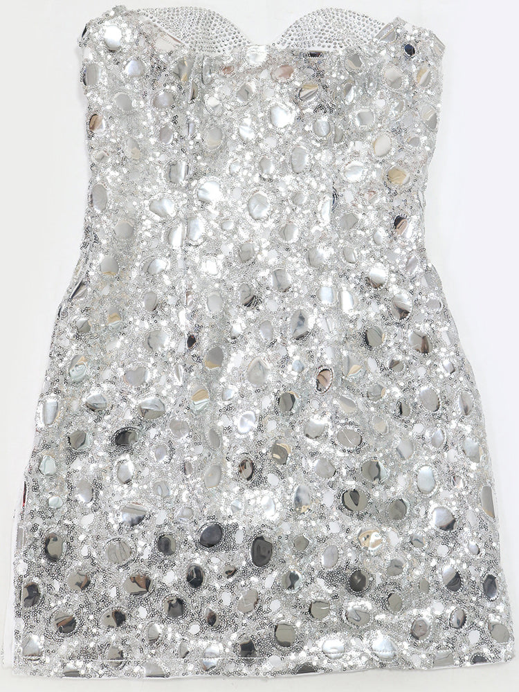 Strapless Rhinestone Sequin Mini Dress
