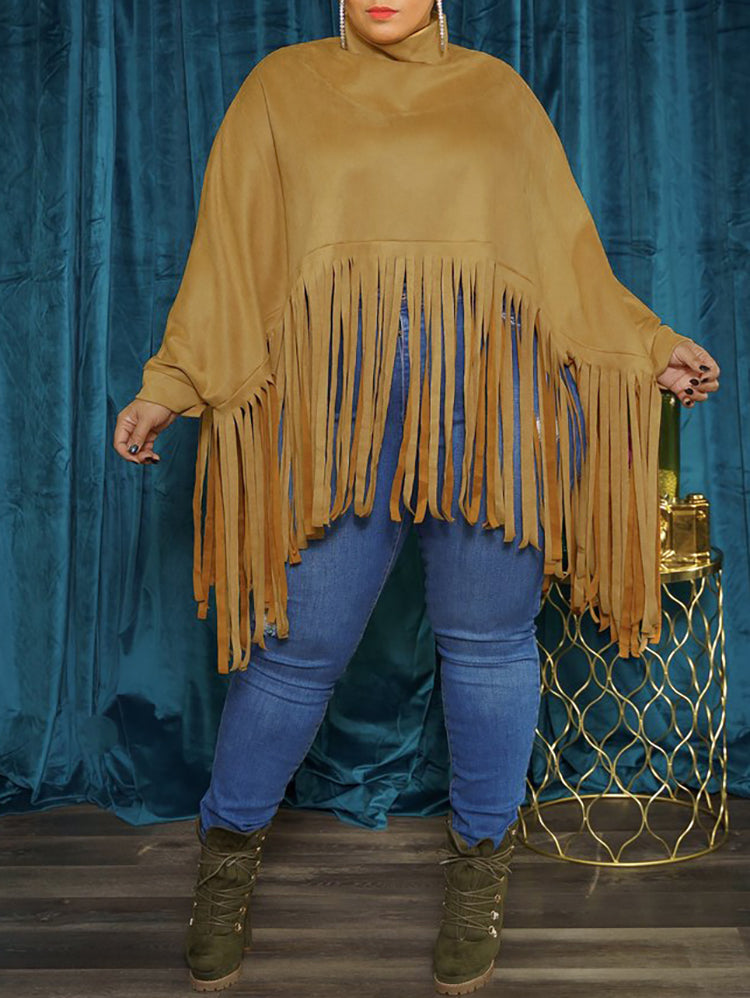 Batwing Sleeve Zipper Tassel Ponchos Top
