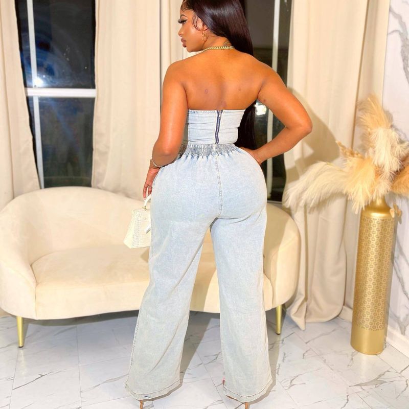 Denim Strapless Crop Top Long Pant Set