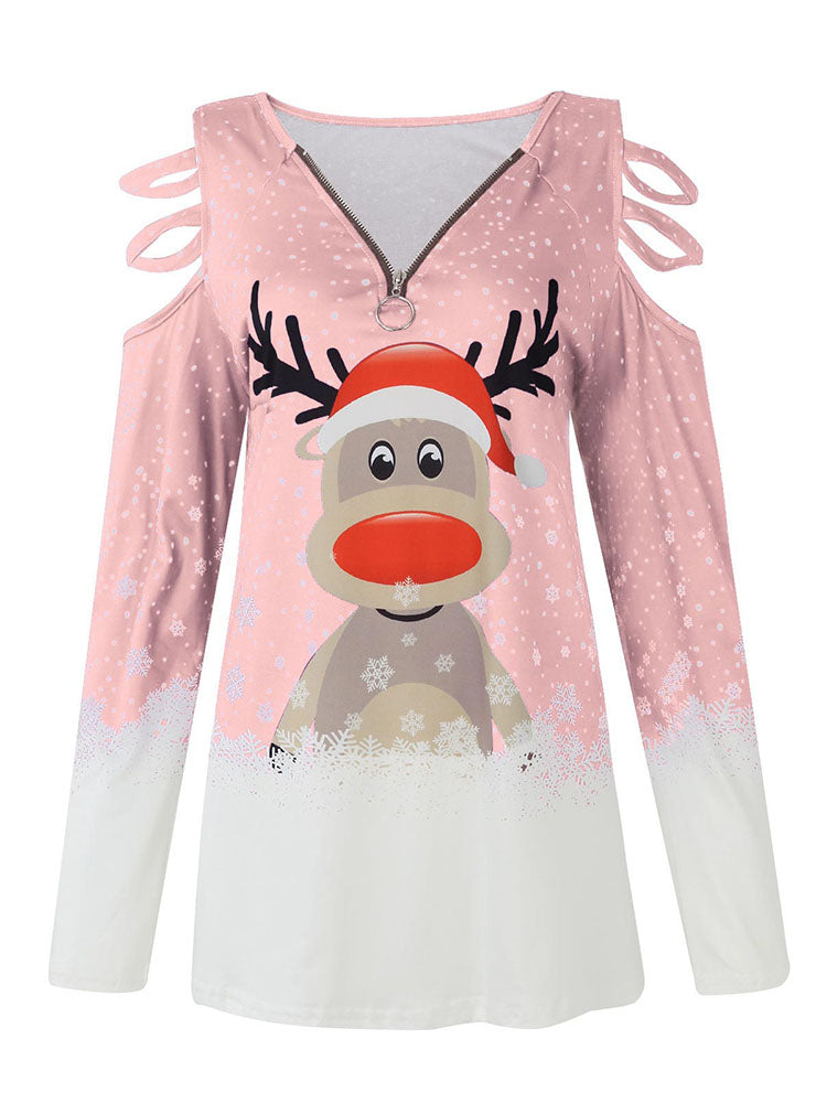 Christmas Plus Size Long Sleeves Elk Print Top