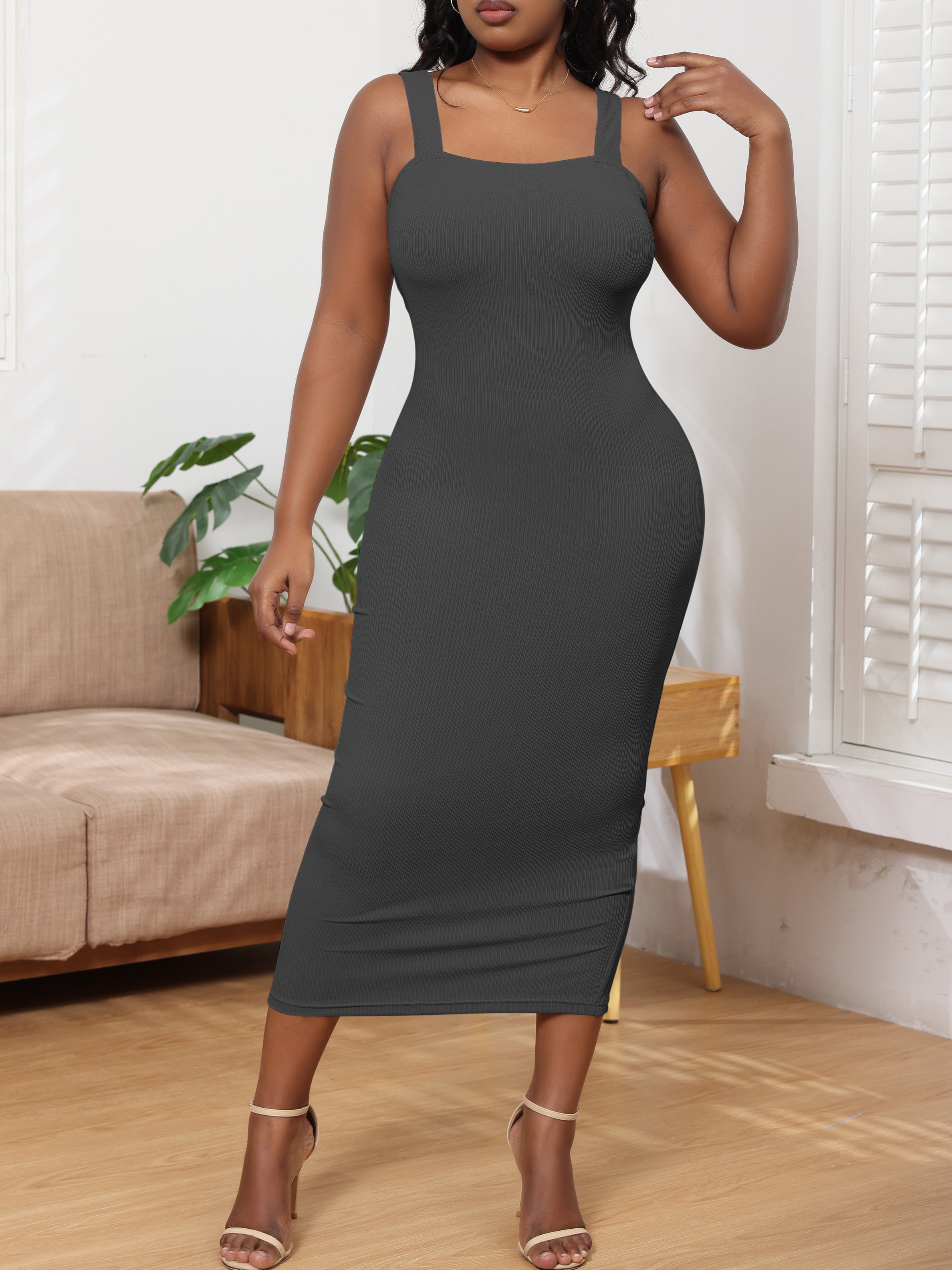 Solid Color Ribbed Sleeveless Cami Maxi Dress