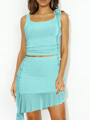 Sleeveless 3D Floral Top Pleated Mini Skirt